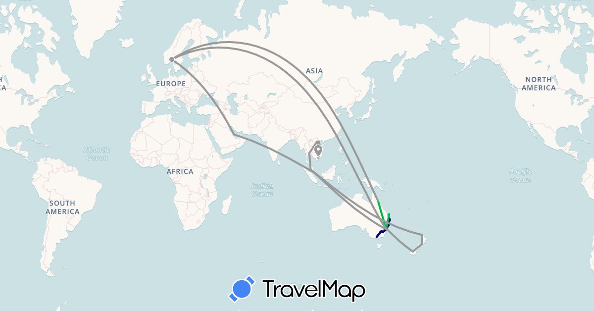 TravelMap itinerary: driving, bus, plane, boat in Australia, Indonesia, Malaysia, Norway, New Zealand, Qatar, Singapore, Thailand, Vietnam (Asia, Europe, Oceania)